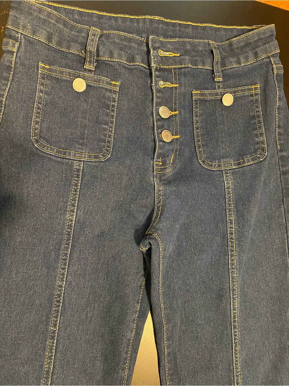 Source Unknown Dark Blue High-Rise Flare Jeans with Button-Fly